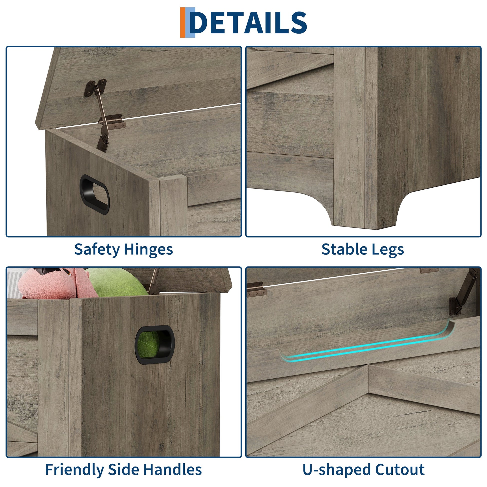 Banc de rangement en bois Garvee 39,4 po avec charnières de sécurité, grande capacité, pour salon et chambre, robuste et polyvalent