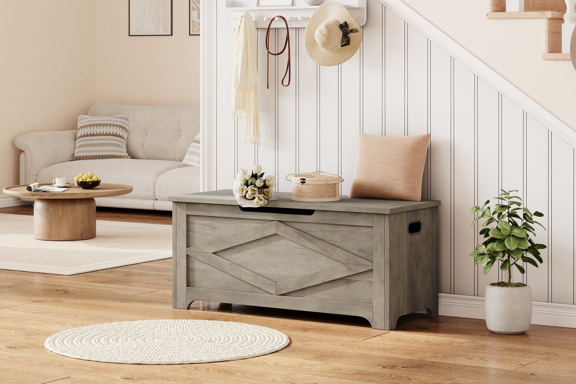 Banc de rangement en bois Garvee 39,4 po avec charnières de sécurité, grande capacité, pour salon et chambre, robuste et polyvalent