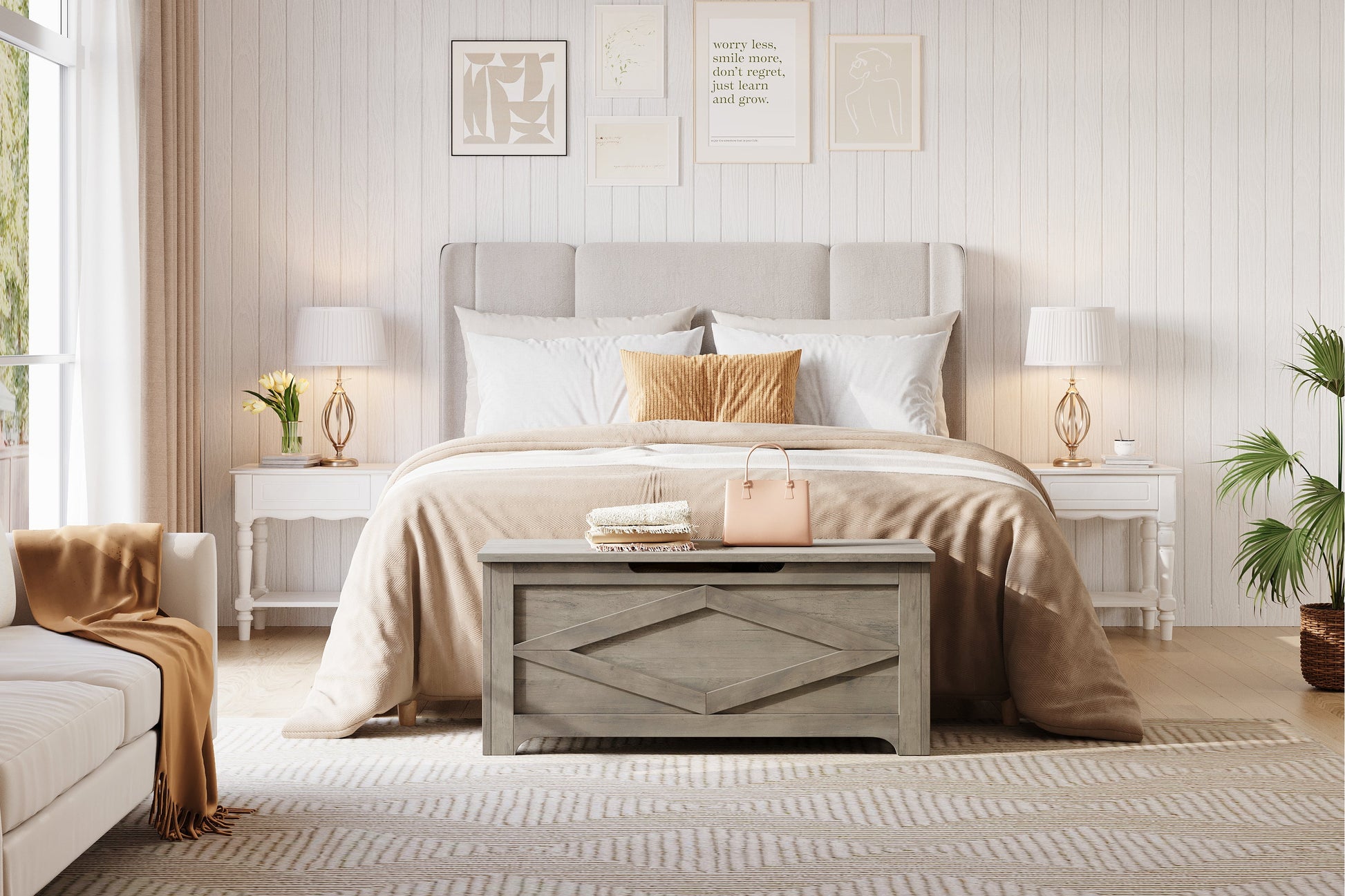 Banc de rangement en bois Garvee 39,4 po avec charnières de sécurité, grande capacité, pour salon et chambre, robuste et polyvalent