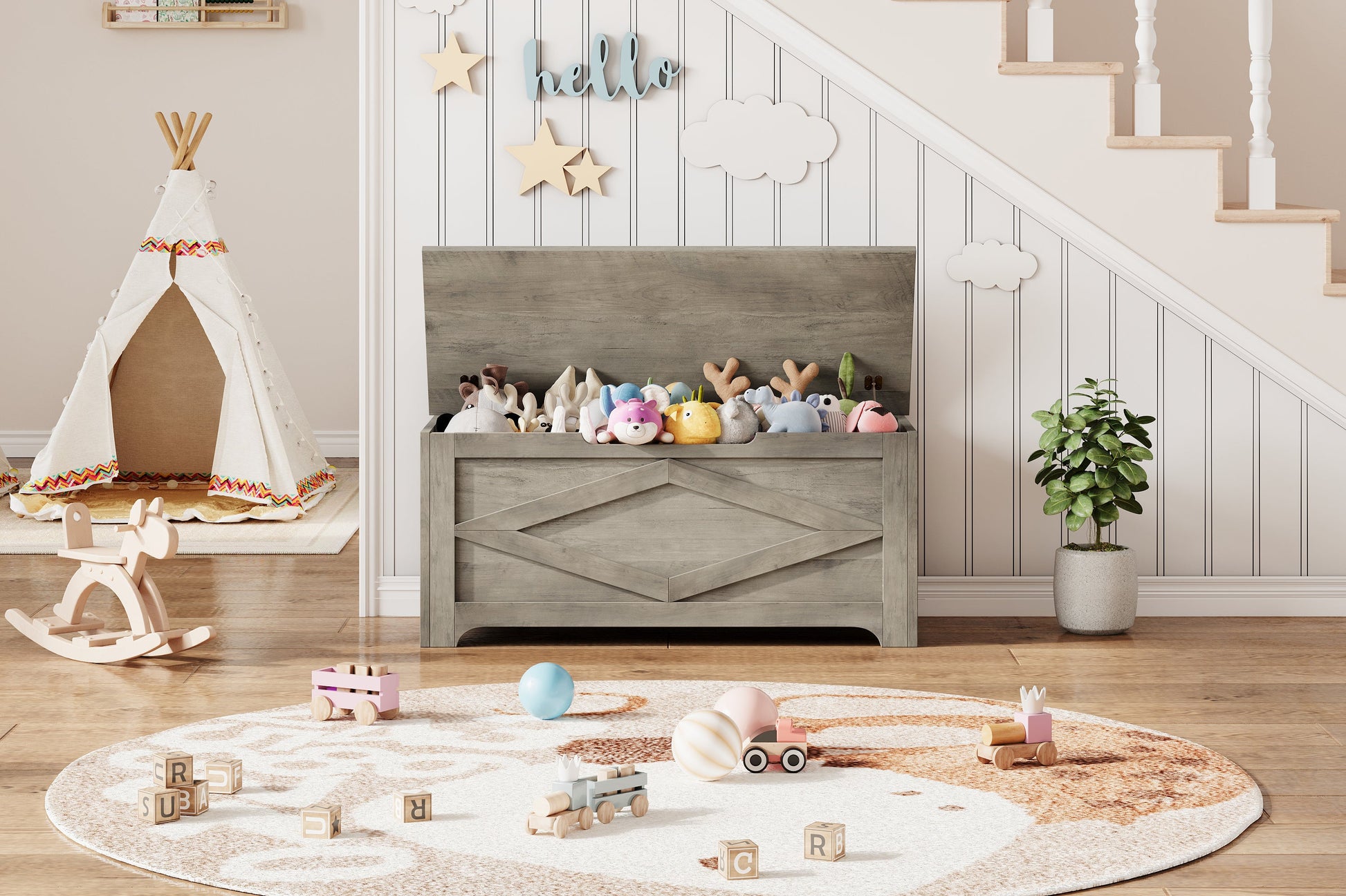 Banc de rangement en bois Garvee 39,4 po avec charnières de sécurité, grande capacité, pour salon et chambre, robuste et polyvalent