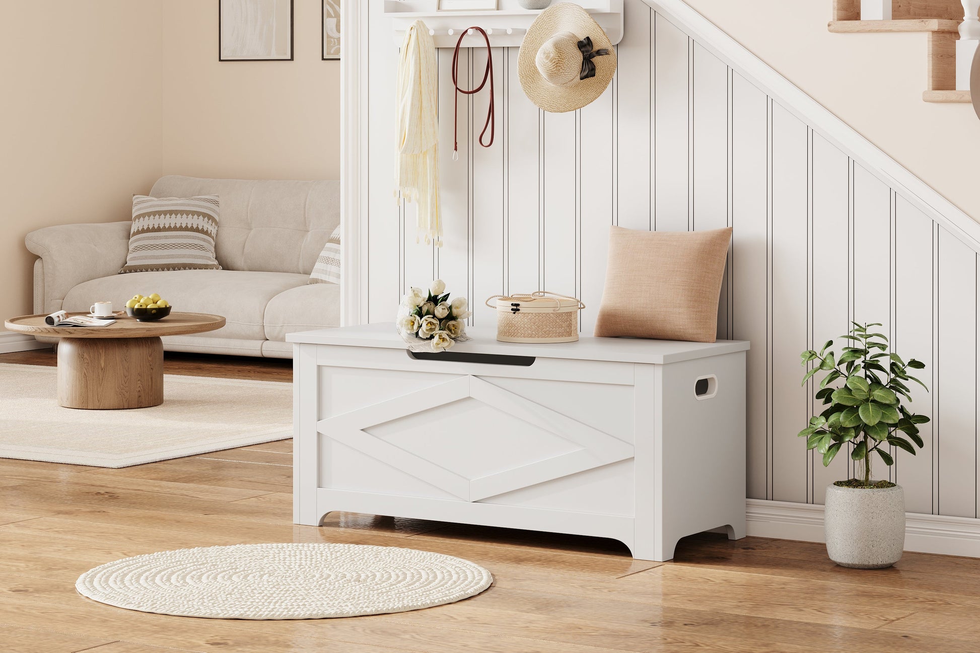 Banc de rangement Garvee 100 cm avec charnières de sécurité, grand coffre en bois pour salon et chambre, robuste et polyvalent, marron