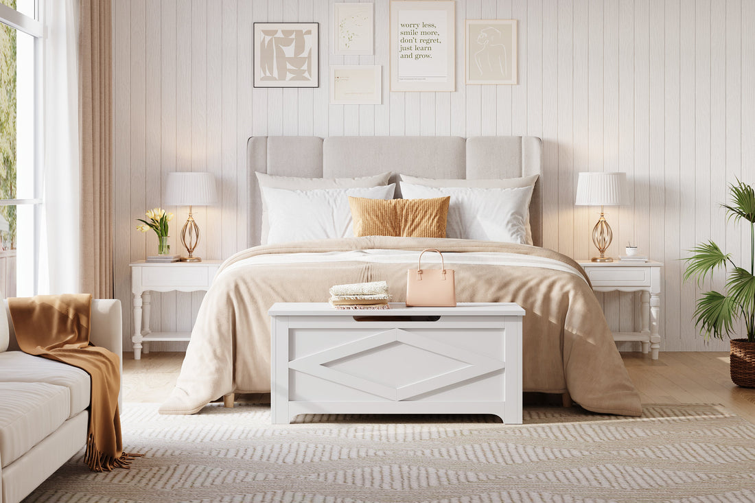 Banc de rangement Garvee 100 cm avec charnières de sécurité, grand coffre en bois pour salon et chambre, robuste et polyvalent, marron