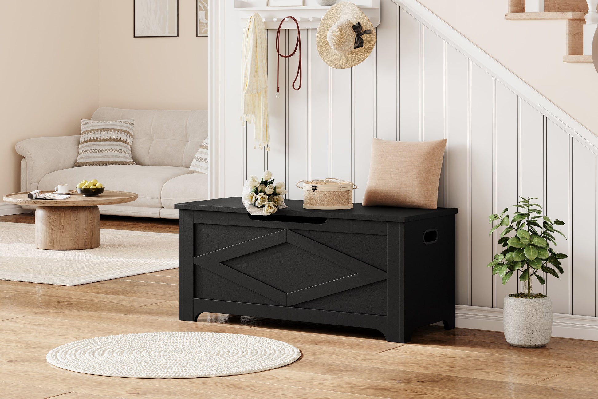 Banc de rangement en bois Garvee 100 cm (39,4 po) avec charnières de sécurité, grande capacité, salon et chambre, robuste et polyvalent, marron