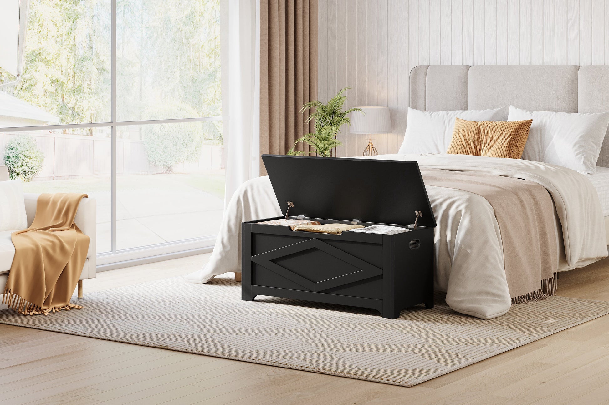 Banc de rangement en bois Garvee 100 cm (39,4 po) avec charnières de sécurité, grande capacité, salon et chambre, robuste et polyvalent, marron