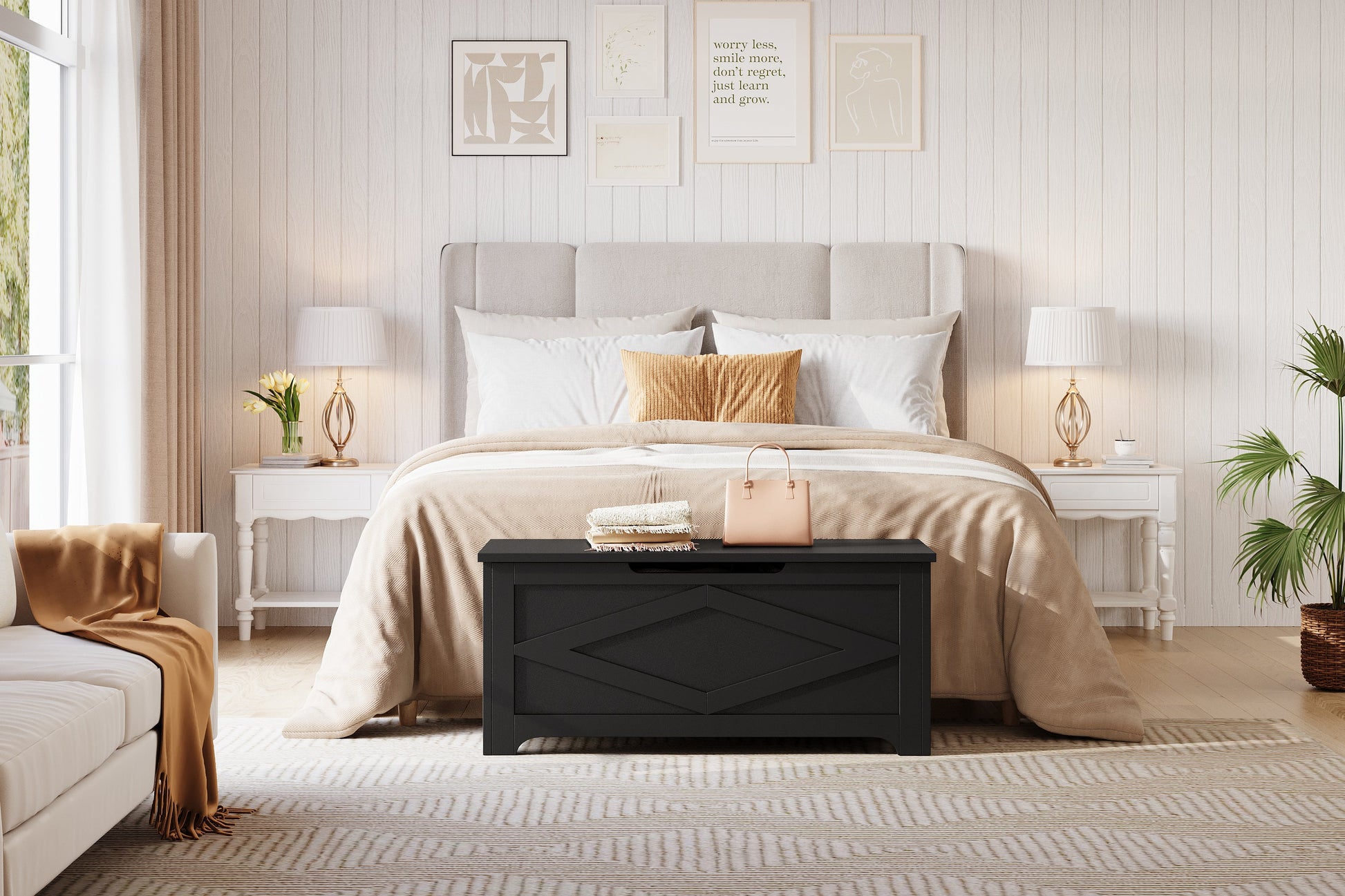 Banc de rangement en bois Garvee 100 cm (39,4 po) avec charnières de sécurité, grande capacité, salon et chambre, robuste et polyvalent, marron