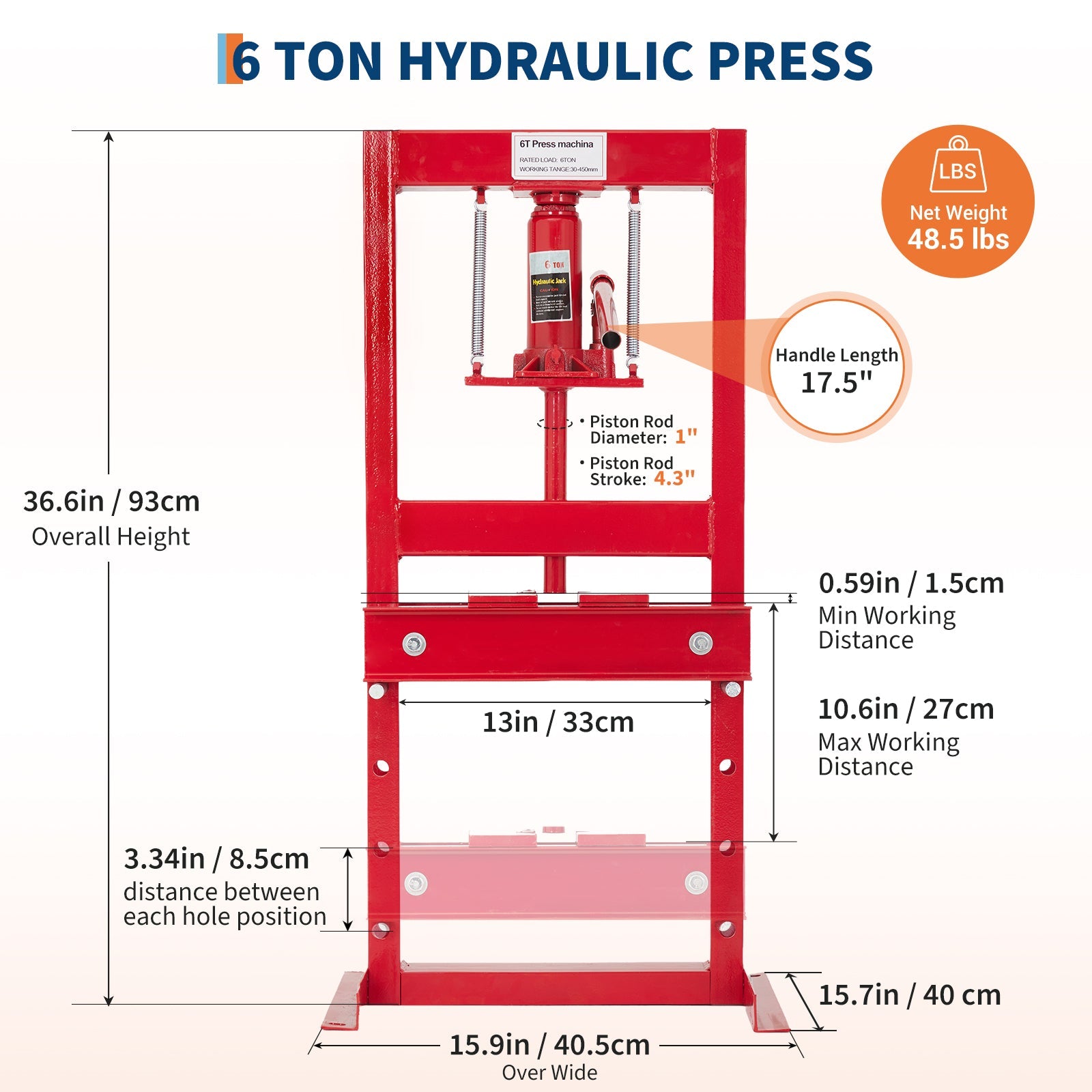 Presse hydraulique Garvee 6 tonnes, cadre en H, table réglable, acier au carbone revêtu de poudre, pour atelier et garage