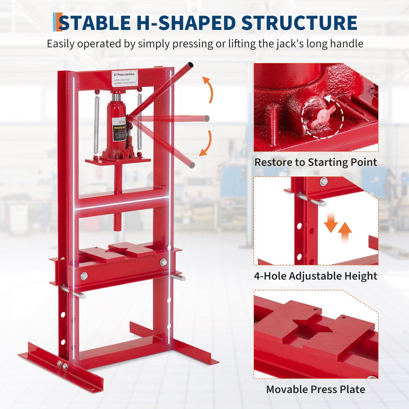 Presse hydraulique Garvee 6 tonnes, cadre en H, table réglable, acier au carbone revêtu de poudre, pour atelier et garage