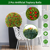 Boules de buis artificiel Garvee de 32 cm avec fleurs rouges pour la décoration de balcon et de jardin. Vertes, résistantes aux intempéries et faciles d'entretien.