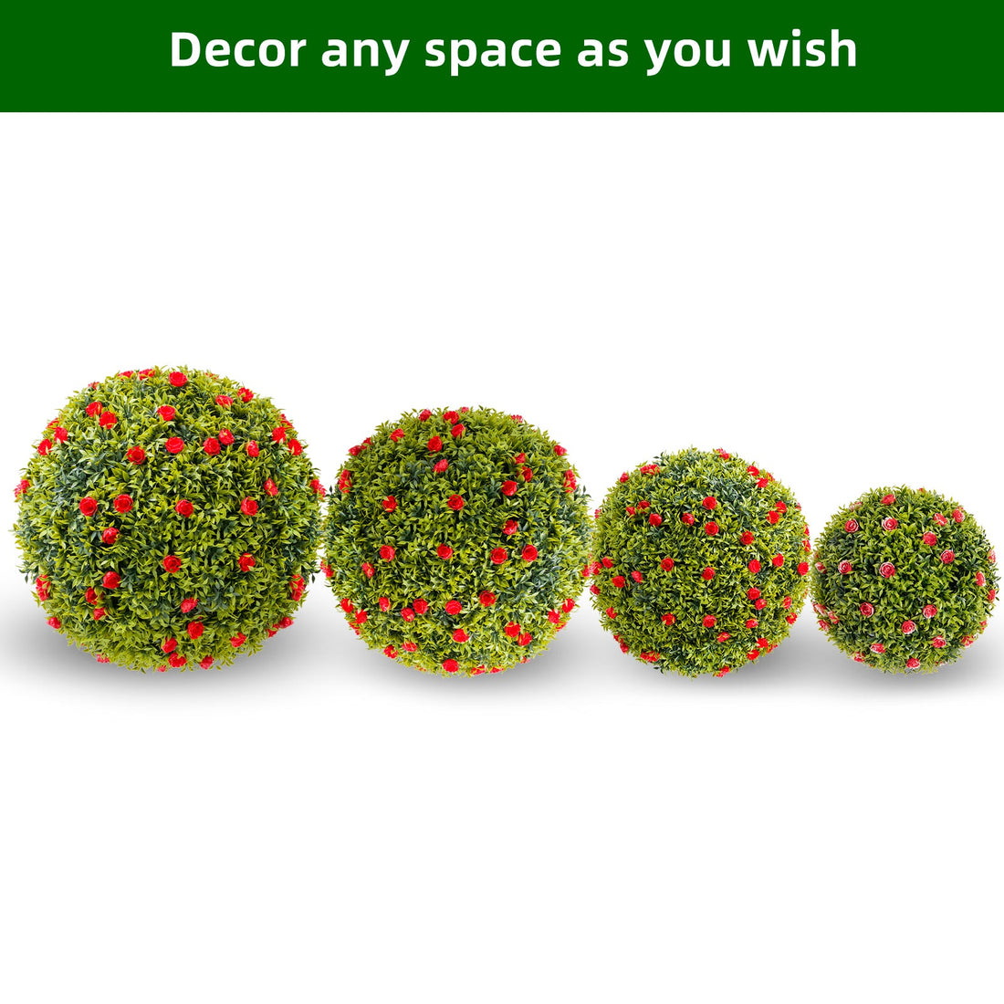 Boules de buis artificiel Garvee de 32 cm avec fleurs rouges pour la décoration de balcon et de jardin. Vertes, résistantes aux intempéries et faciles d'entretien.