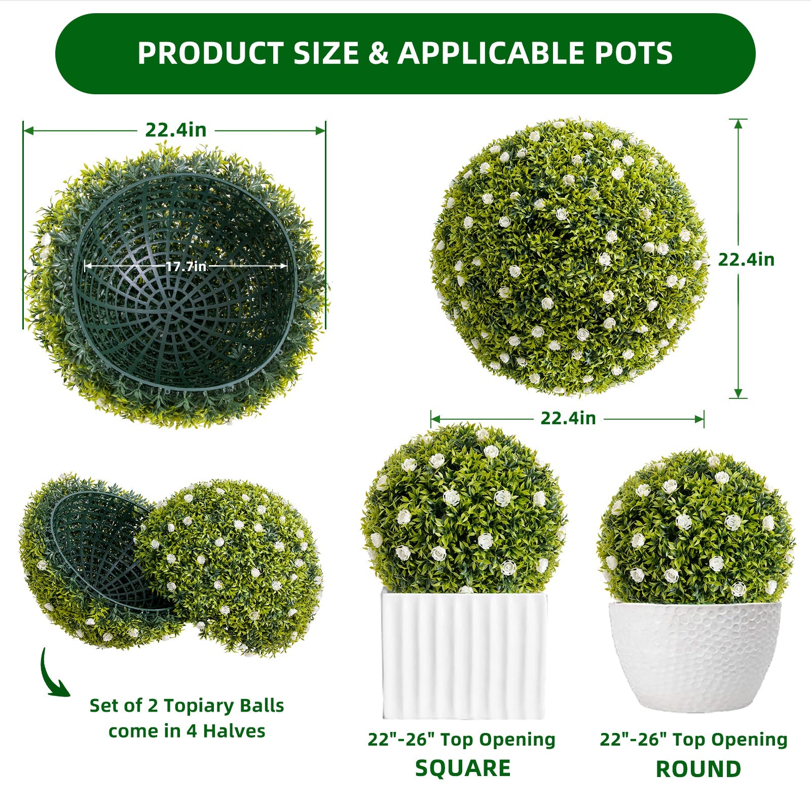 Boules de buis artificiel Garvee, lot de 2, 57 cm, blanches, avec boucle de suspension, pour balcon et jardin. Résistantes aux UV et sans entretien. Matériau PE.
