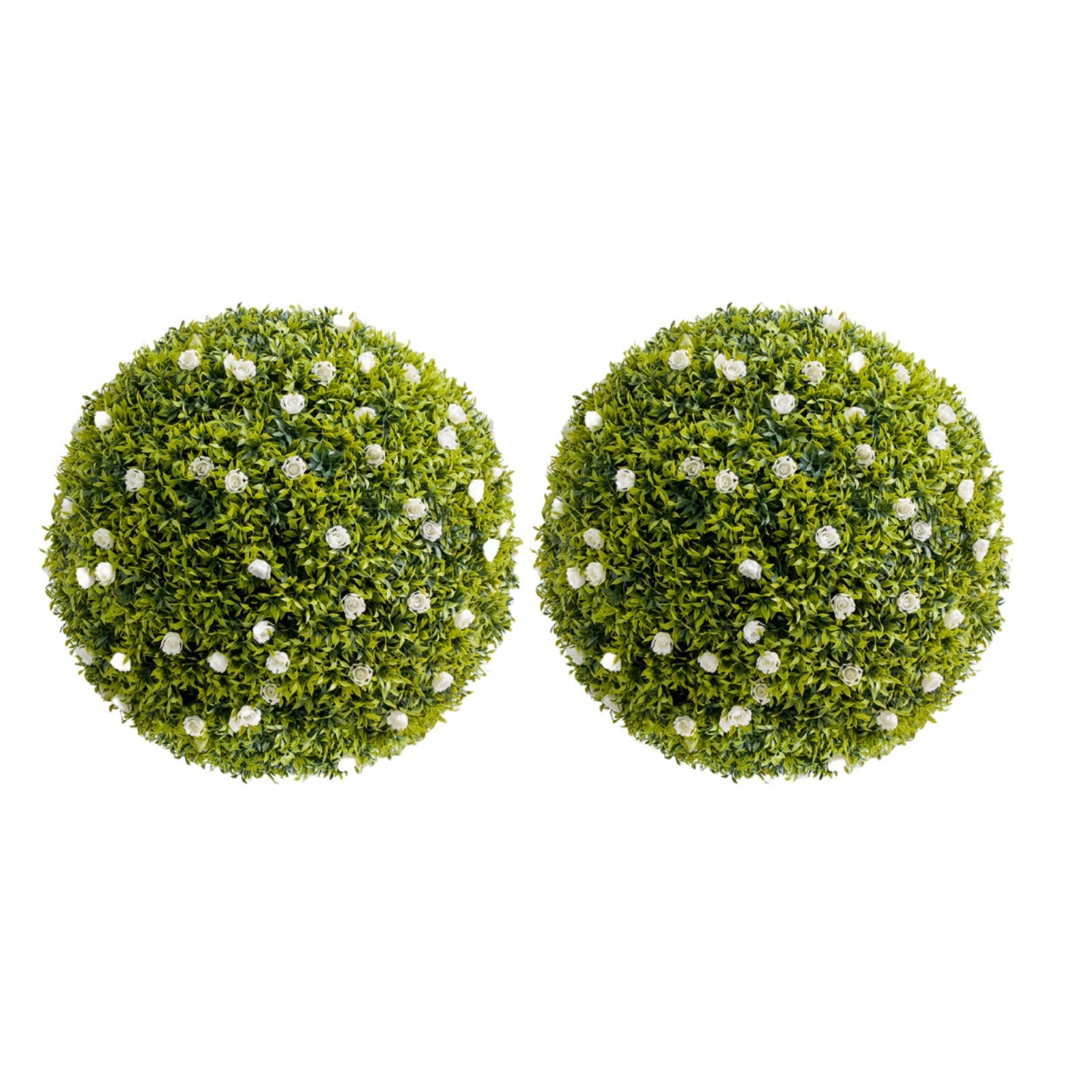 Lot de 2 boules de buis artificiel Garvee de 52 cm (20,5 po) avec fleurs blanches, pour balcon et jardin, en polyéthylène vert, sans entretien.