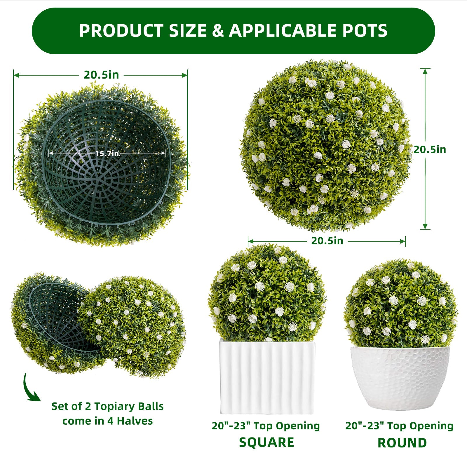 Lot de 2 boules de buis artificiel Garvee de 52 cm (20,5 po) avec fleurs blanches, pour balcon et jardin, en polyéthylène vert, sans entretien.