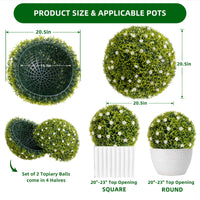 Lot de 2 boules de buis artificiel Garvee de 52 cm (20,5 po) avec fleurs blanches, pour balcon et jardin, en polyéthylène vert, sans entretien.