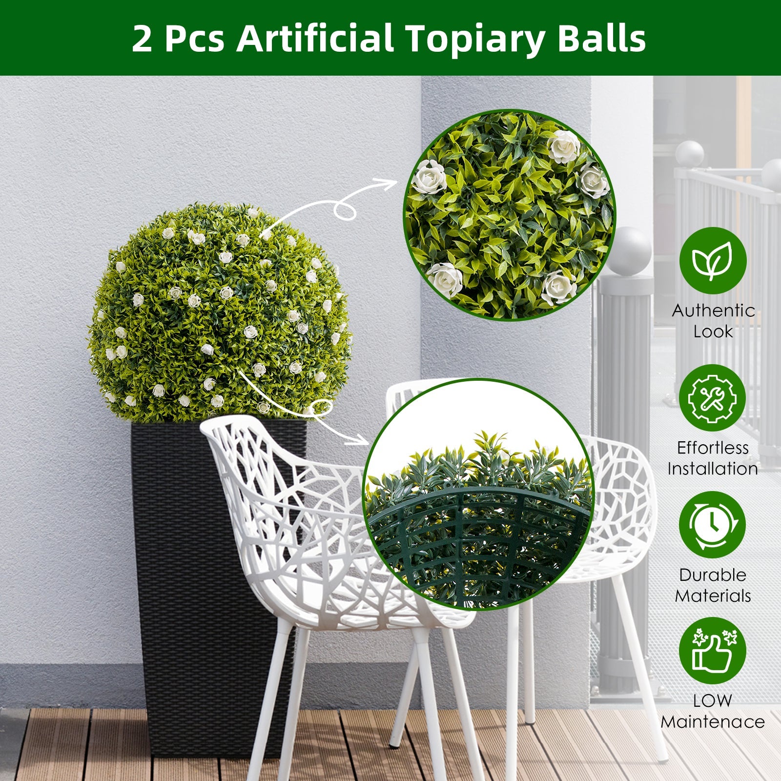 Lot de 2 boules de buis artificiel Garvee de 52 cm (20,5 po) avec fleurs blanches, pour balcon et jardin, en polyéthylène vert, sans entretien.
