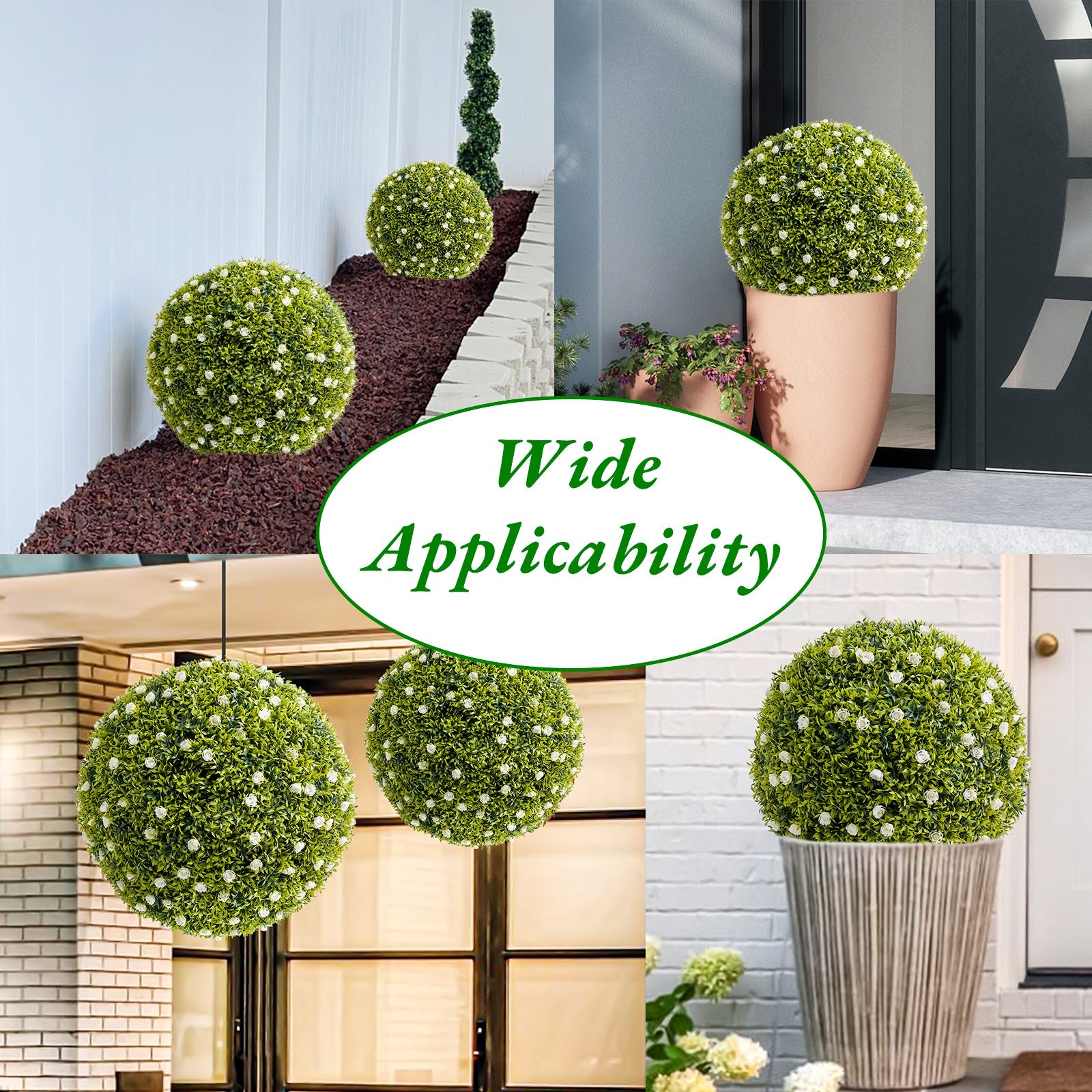 Lot de 2 boules de buis artificiel Garvee de 52 cm (20,5 po) avec fleurs blanches, pour balcon et jardin, en polyéthylène vert, sans entretien.