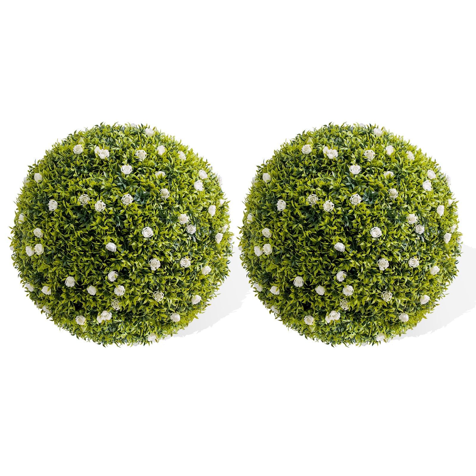 Boules de buis artificiel Garvee, lot de 2, 42 cm (16,5 po), avec fleurs blanches, pour balcon et jardin. Matériau PE durable et sans entretien, vert.