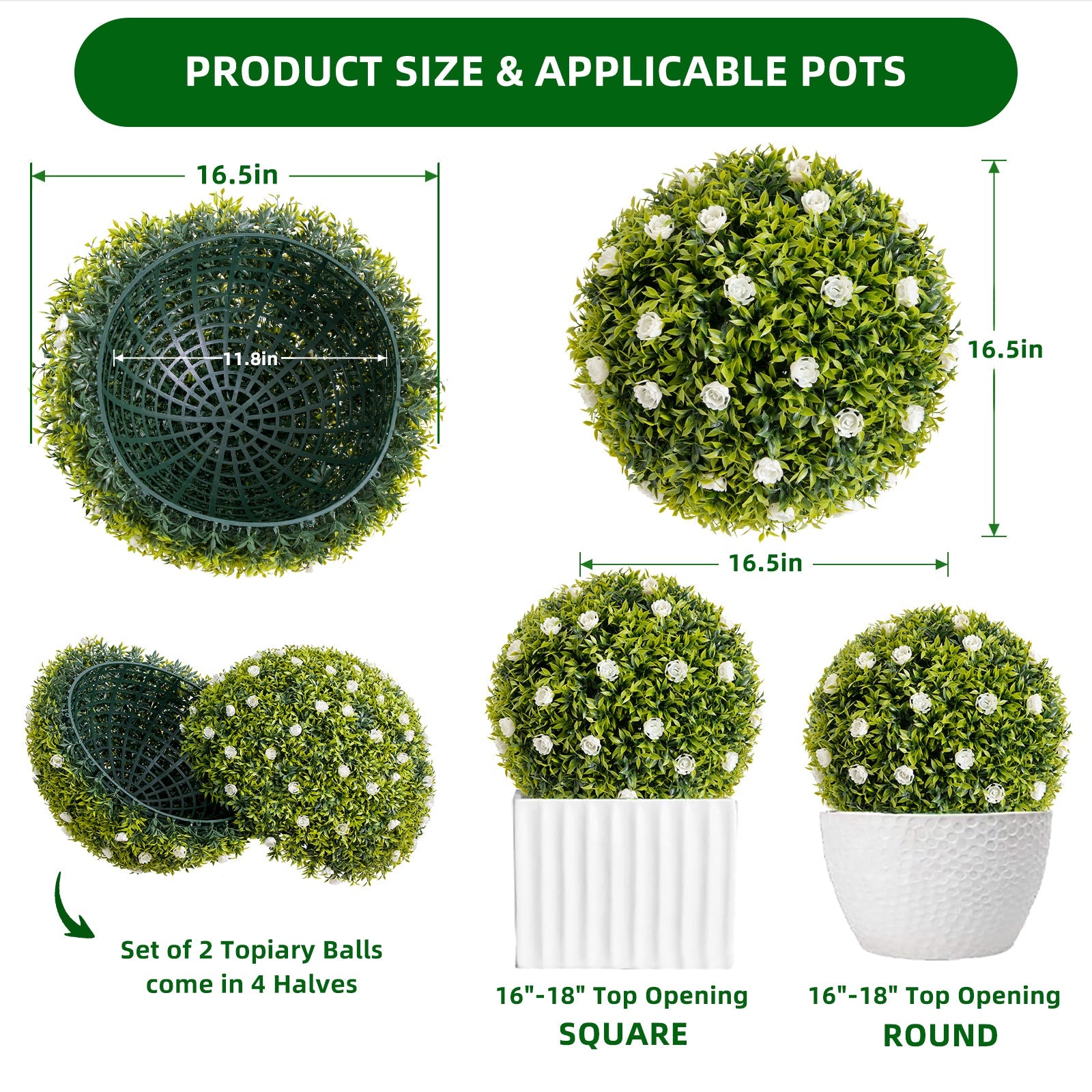 Boules de buis artificiel Garvee, lot de 2, 42 cm (16,5 po), avec fleurs blanches, pour balcon et jardin. Matériau PE durable et sans entretien, vert.