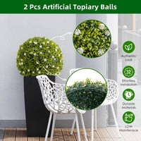 Boules de buis artificiel Garvee, lot de 2, 42 cm (16,5 po), avec fleurs blanches, pour balcon et jardin. Matériau PE durable et sans entretien, vert.