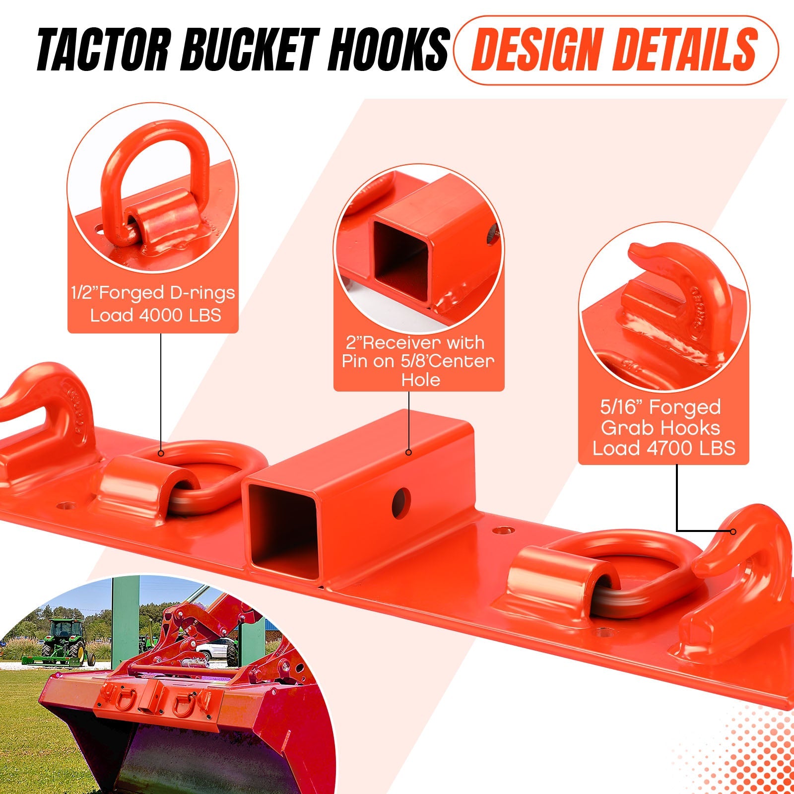 Garvee Crochet de préhension pour tracteur, attelage 5 cm, capacité 2132 kg, acier antirouille, pour godets et chargeurs, orange