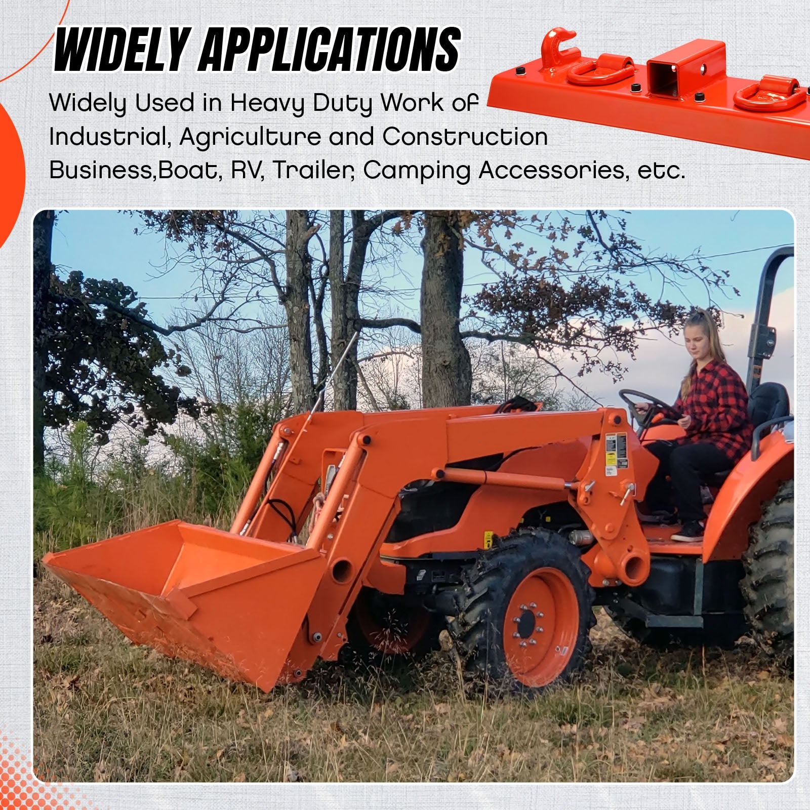 Garvee Crochet de préhension pour tracteur, attelage 5 cm, capacité 2132 kg, acier antirouille, pour godets et chargeurs, orange