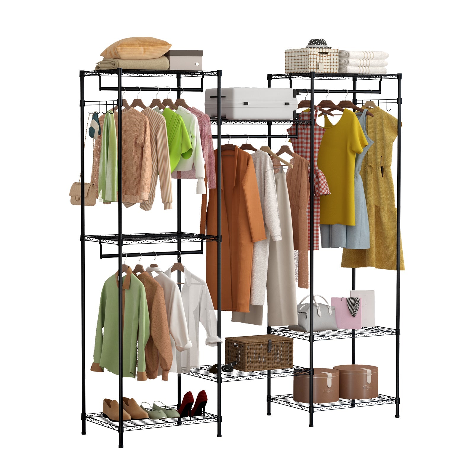 Portant à vêtements robuste Garvee avec étagères et barres de suspension réglables, en acier inoxydable, autoportant et portable, idéal pour la chambre et l'entrée, grand format, argenté.