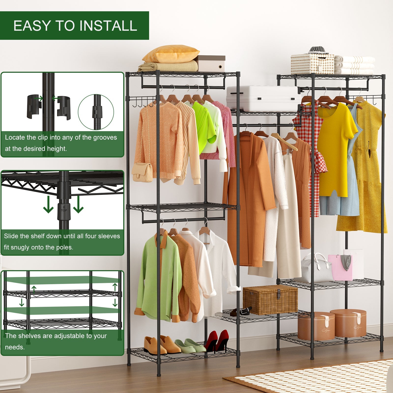 Portant à vêtements robuste Garvee avec étagères et barres de suspension réglables, en acier inoxydable, autoportant et portable, idéal pour la chambre et l'entrée, grand format, argenté.