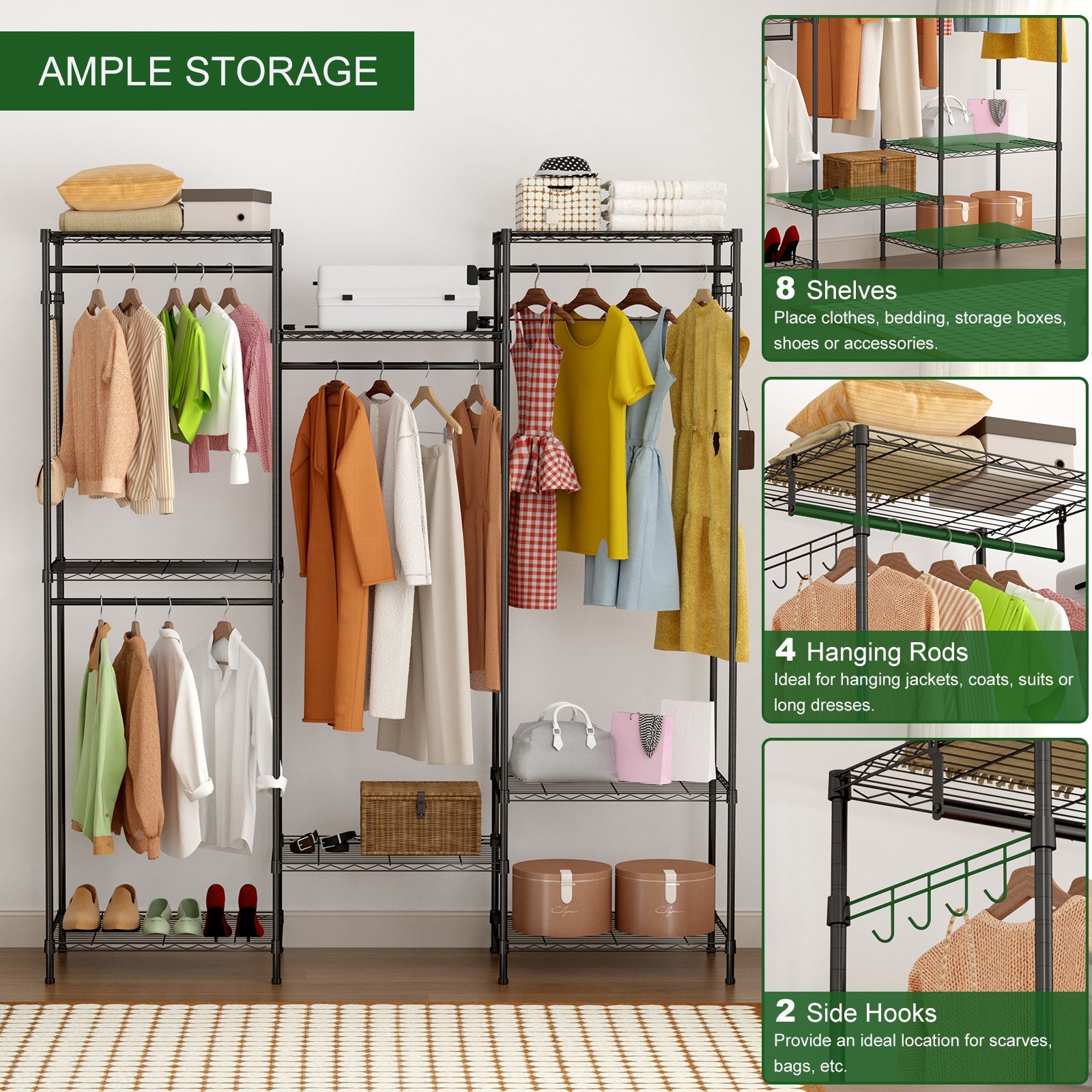 Portant à vêtements robuste Garvee avec étagères et barres de suspension réglables, en acier inoxydable, autoportant et portable, idéal pour la chambre et l'entrée, grand format, argenté.