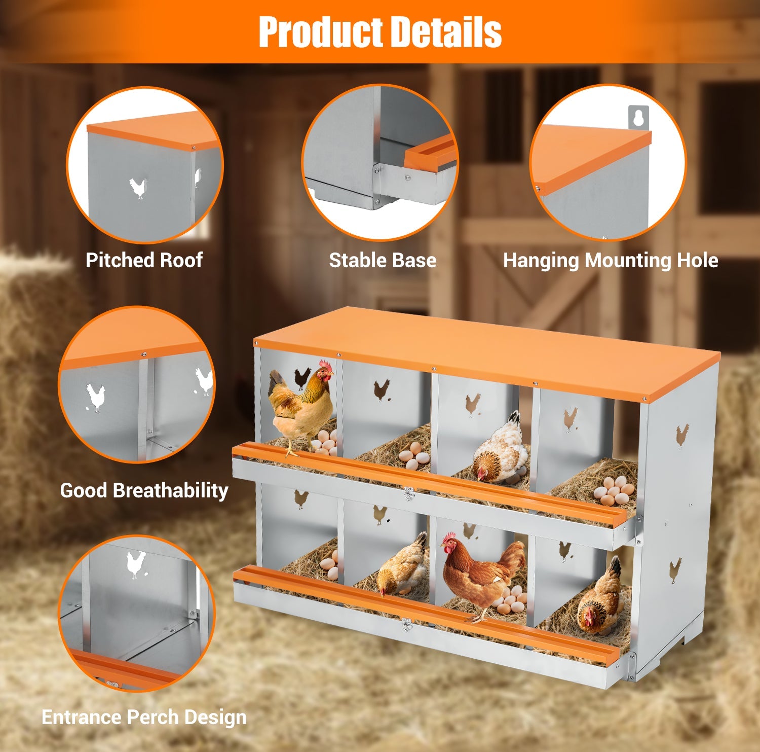 Nichoirs Garvee pour poules, 8 compartiments, en métal galvanisé, avec ventilation, pour poulailler et poules pondeuses