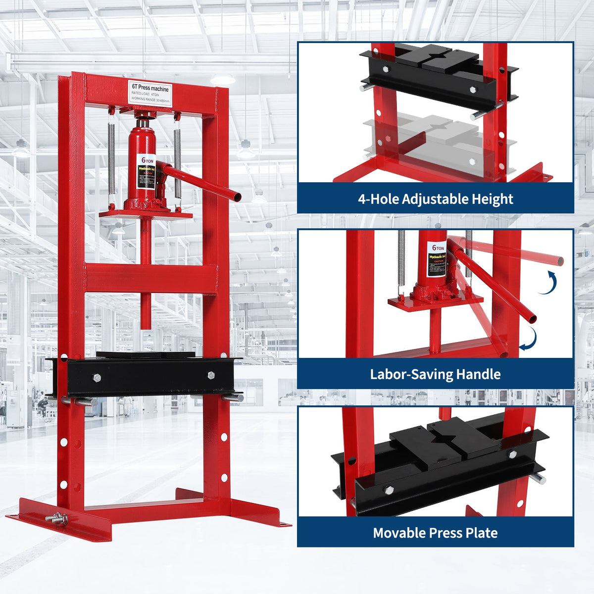 Presse hydraulique Garvee 6 tonnes à cadre en H, hauteur réglable et soupape de sécurité pour atelier, acier au carbone, noire
