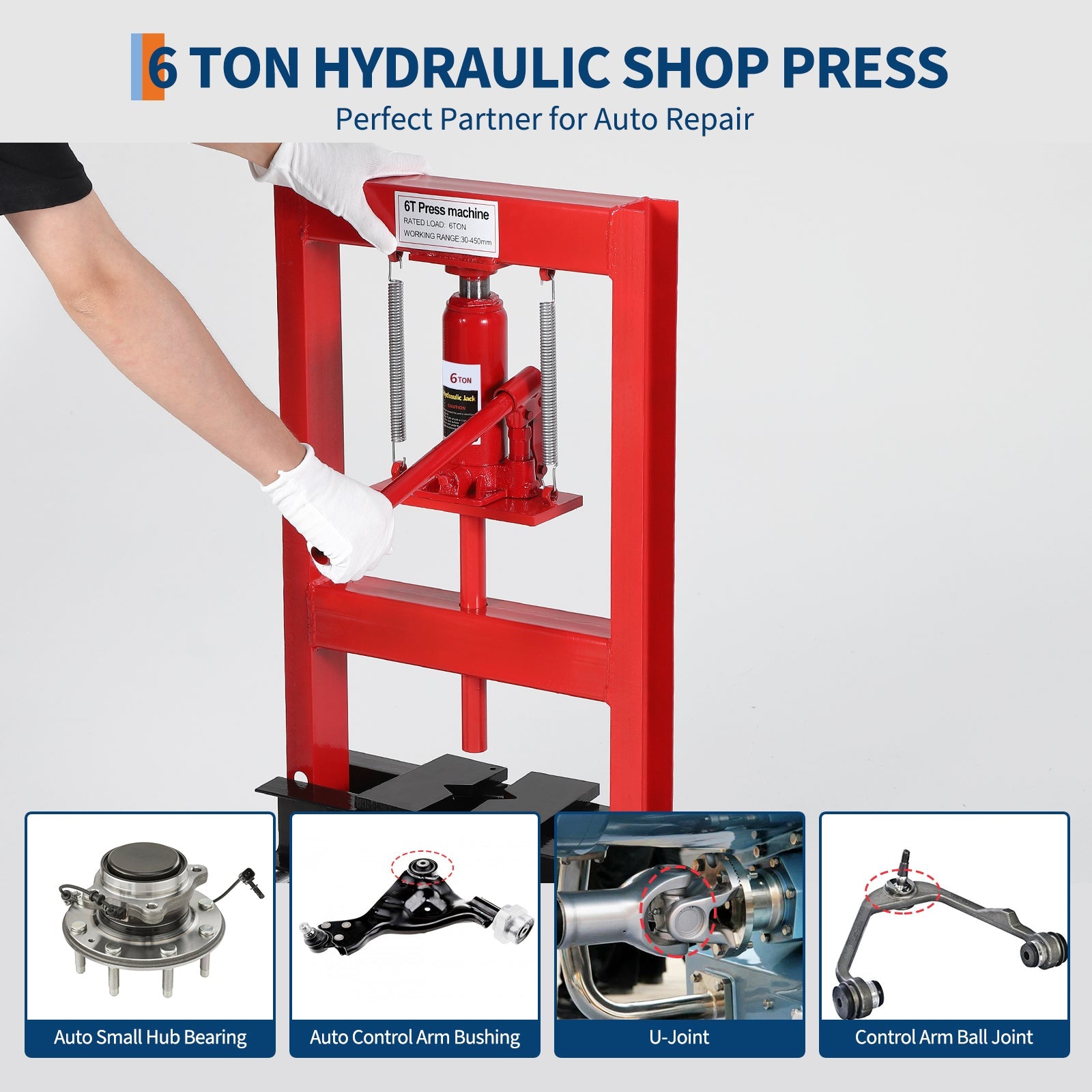 Presse hydraulique Garvee 6 tonnes à cadre en H, hauteur réglable et soupape de sécurité pour atelier, acier au carbone, noire