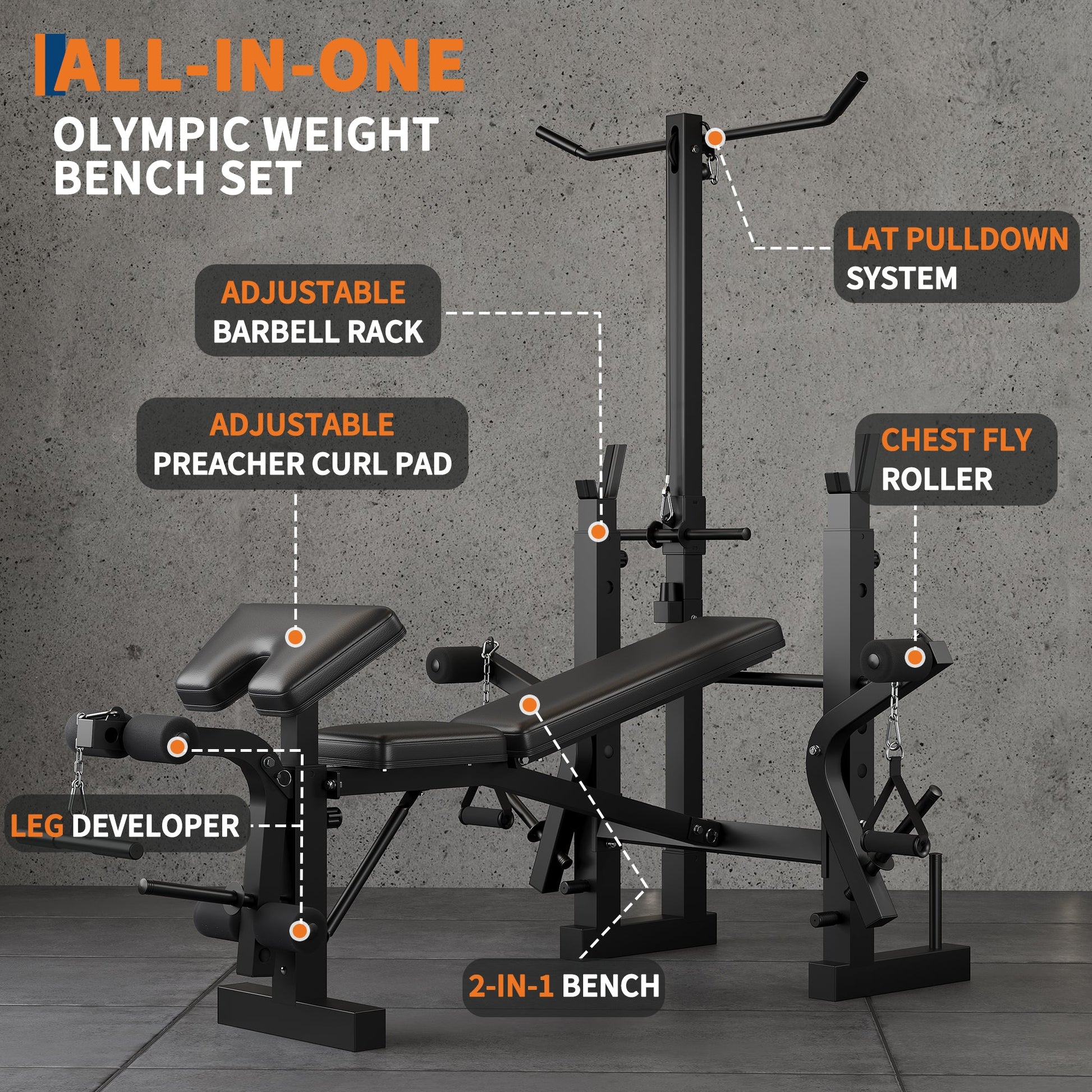 Banc de musculation Garvee 7 en 1 avec extension et flexion des jambes pour la musculation à domicile, réglable et pliable, structure en acier 408 kg, noir