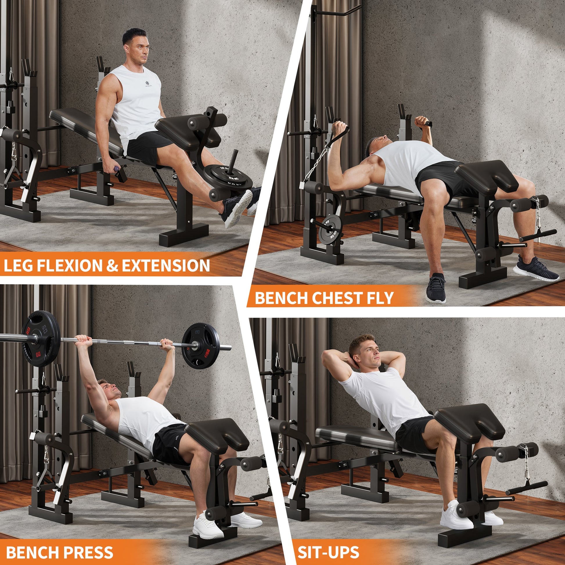 Banc de musculation Garvee 7 en 1 avec extension et flexion des jambes pour la musculation à domicile, réglable et pliable, structure en acier 408 kg, noir