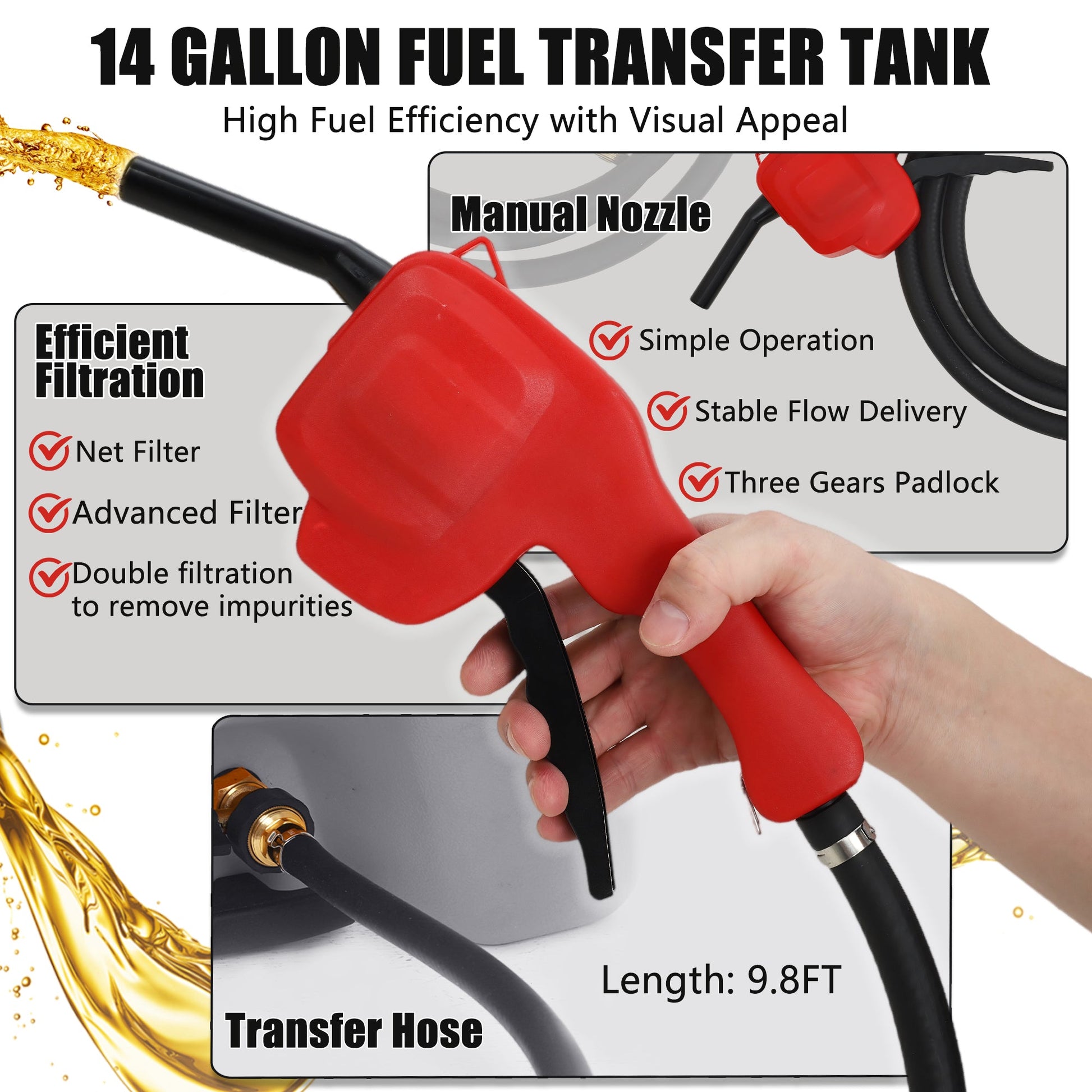 Garvee – Bidon de carburant de 53 L avec pompe, flexible de 3 m (10 ft), anti-fuite, en PEHD résistant aux UV, portable avec roues pour voitures et tondeuses à gazon