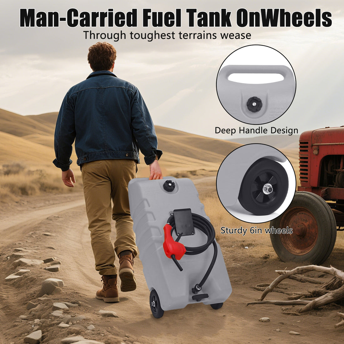 Garvee – Bidon de carburant de 53 L avec pompe, flexible de 3 m (10 ft), anti-fuite, en PEHD résistant aux UV, portable avec roues pour voitures et tondeuses à gazon