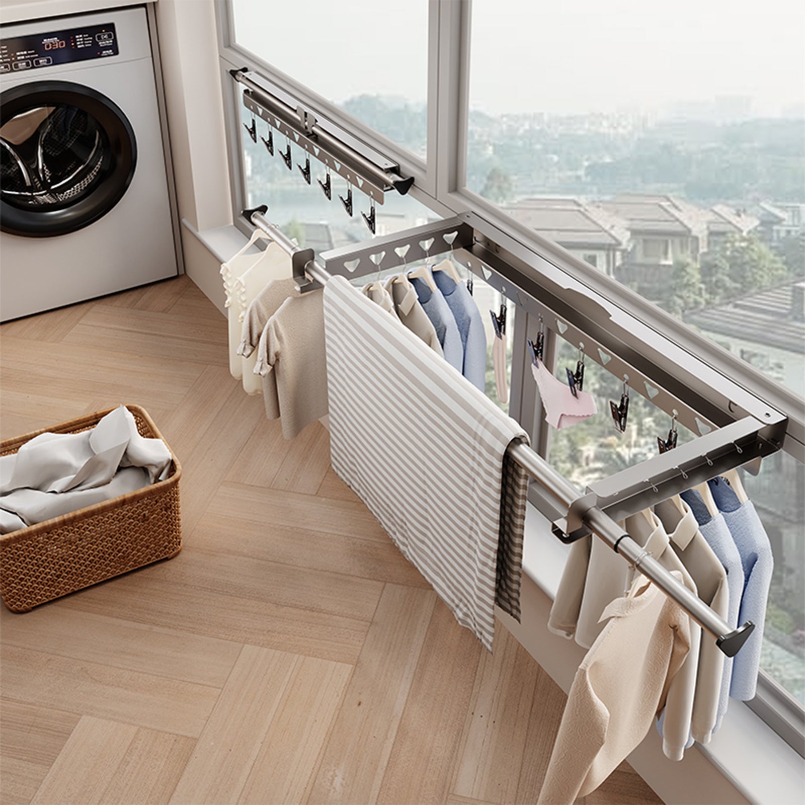 Séchoir à linge mural Garvee, extensible de 62,3 à 115 cm, blanc, gain de place, avec 7 pinces, pour une utilisation intérieure et extérieure