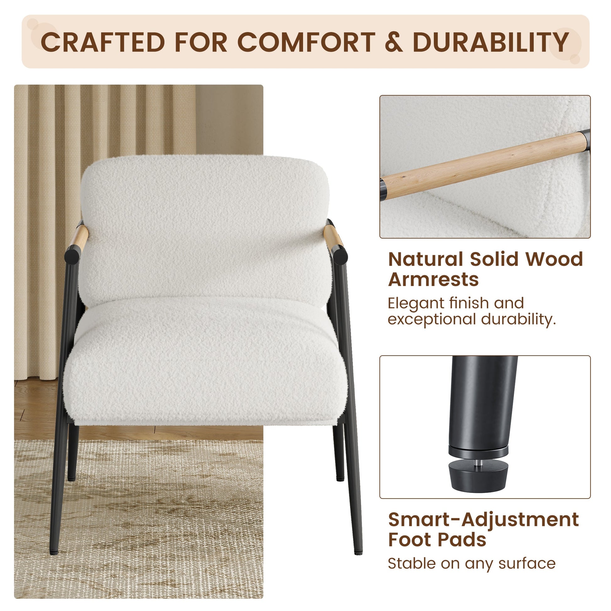 Fauteuil d'appoint moderne Garvee Comfy Chair avec structure en métal et ressorts, revêtement en tissu doux au toucher, accoudoirs en bois et pieds réglables pour salon/chambre