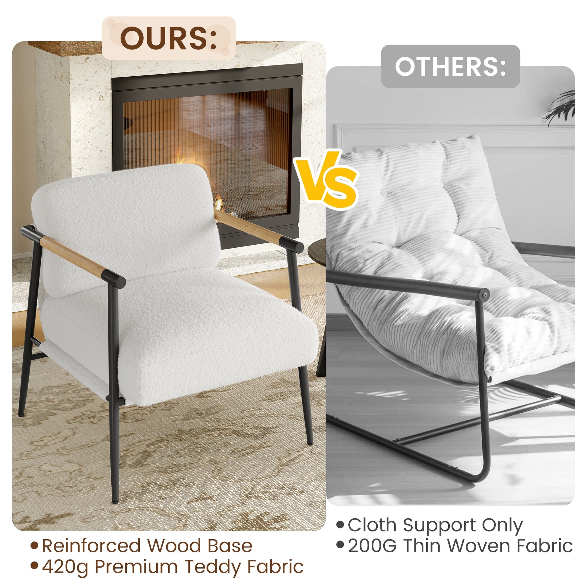 Fauteuil d'appoint moderne Garvee Comfy Chair avec structure en métal et ressorts, revêtement en tissu doux au toucher, accoudoirs en bois et pieds réglables pour salon/chambre