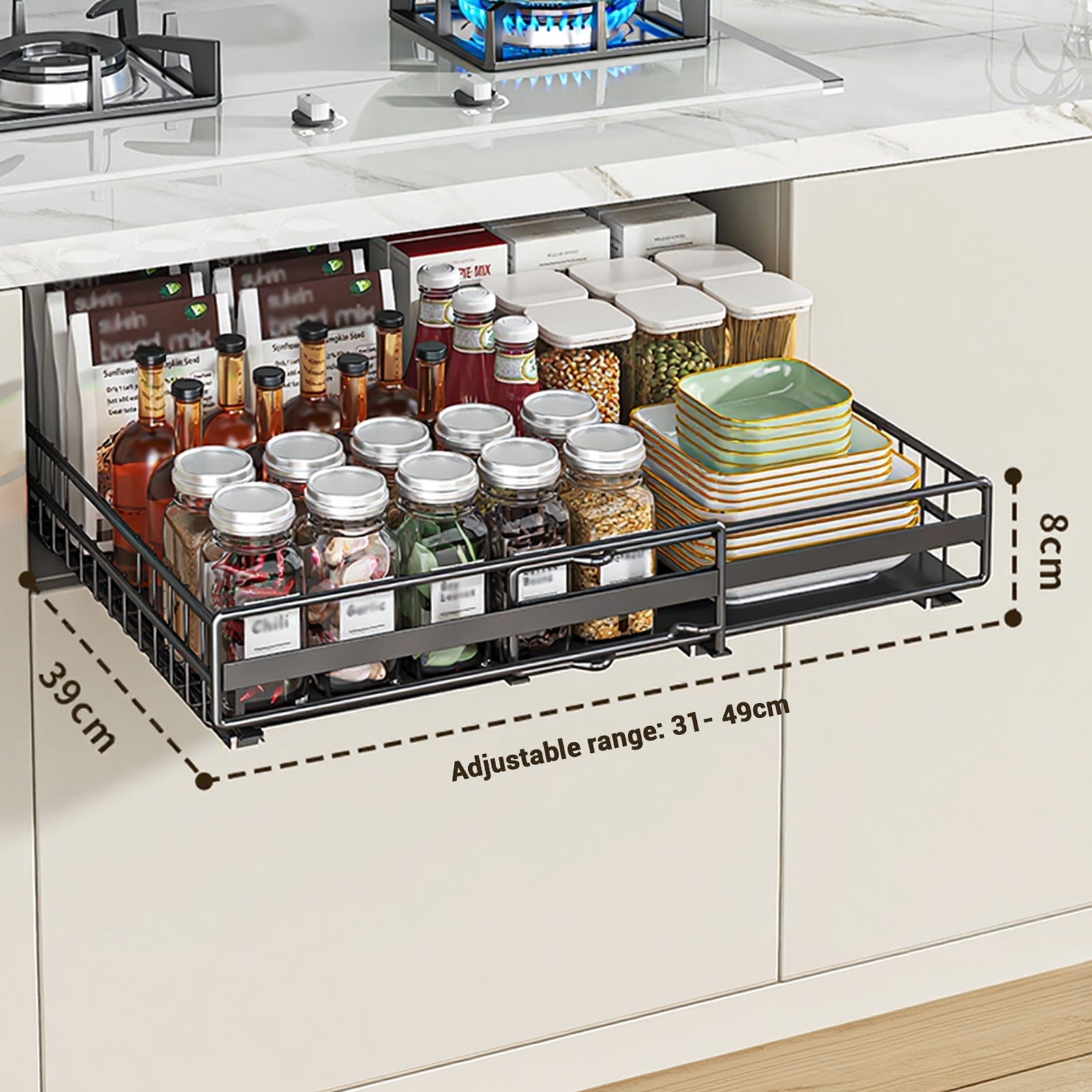Organisateur de placard extensible Garvee avec 3 rails réglables, acier au carbone, pour cuisine et salle de bain, 31-49 cm, noir