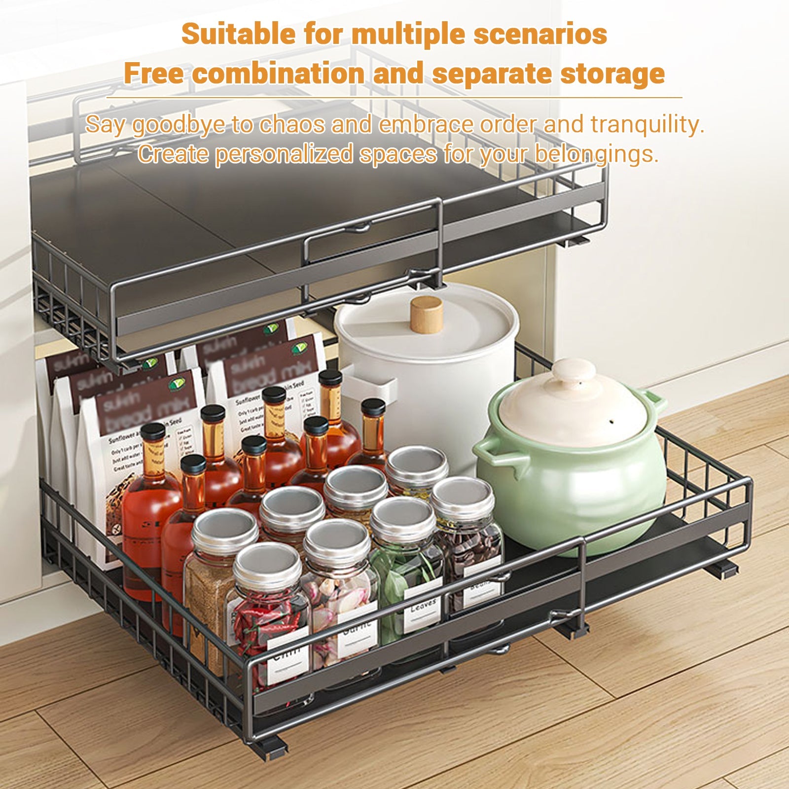 Organisateur de placard extensible Garvee avec 3 rails réglables, acier au carbone, pour cuisine et salle de bain, 31-49 cm, noir
