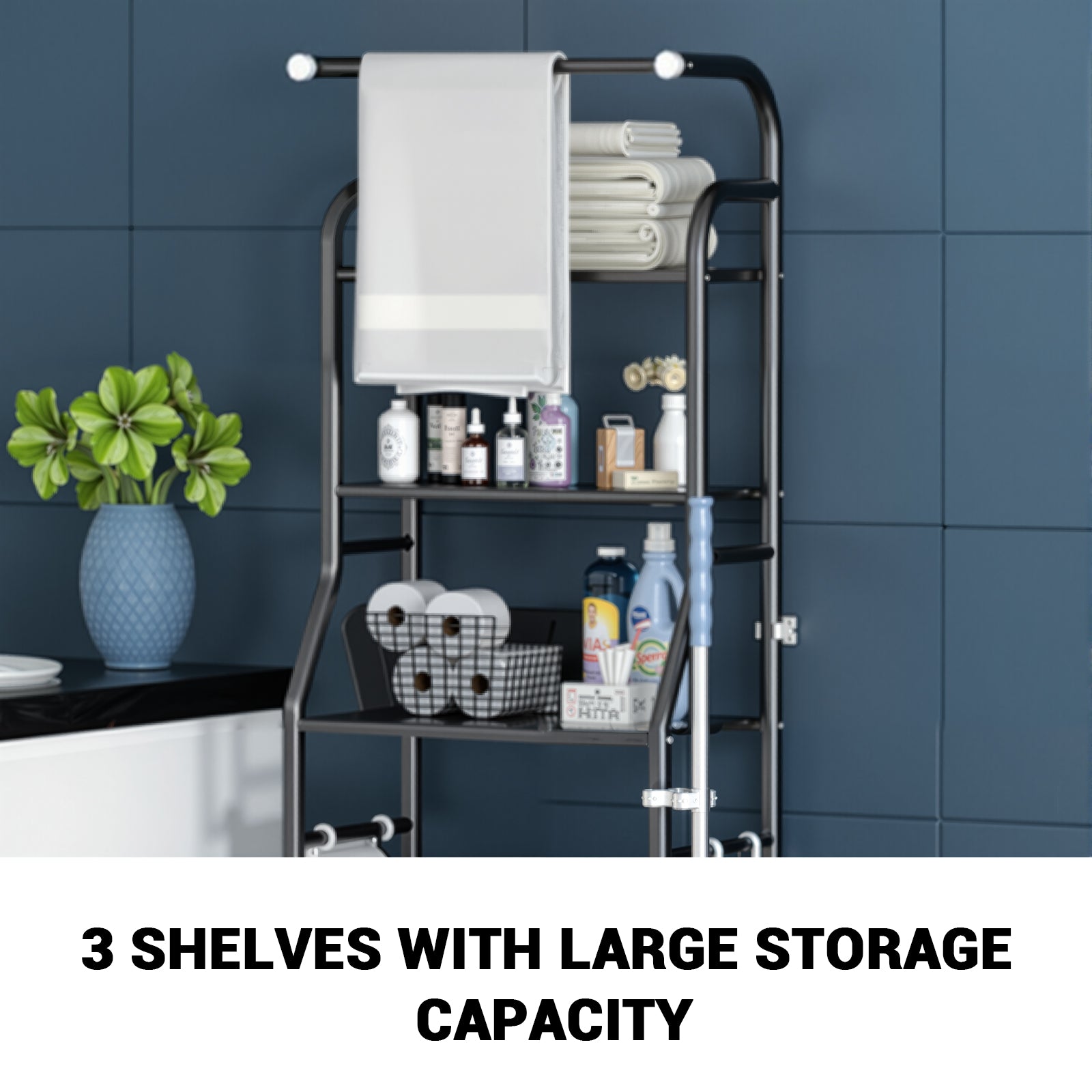 Étagère de toilette Garvee, étagère de salle de bain multifonctionnelle à 3 niveaux, étagère à poser au-dessus des toilettes avec paniers de rangement, étagère gain de place, facile à monter, 47 x 25 x 160 cm, noire