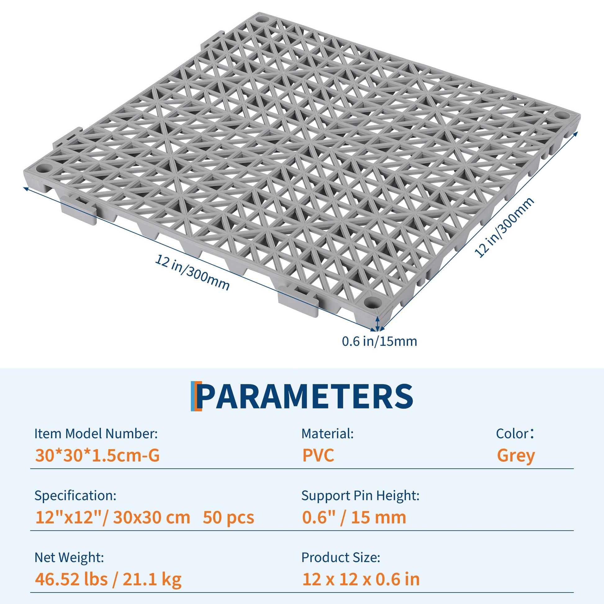 Tapis de drainage modulaires en PVC Garvee, ensemble de 50 pièces, 30 x 30 cm, antidérapants et résistants, pour garage, jardin et piscine, noirs.