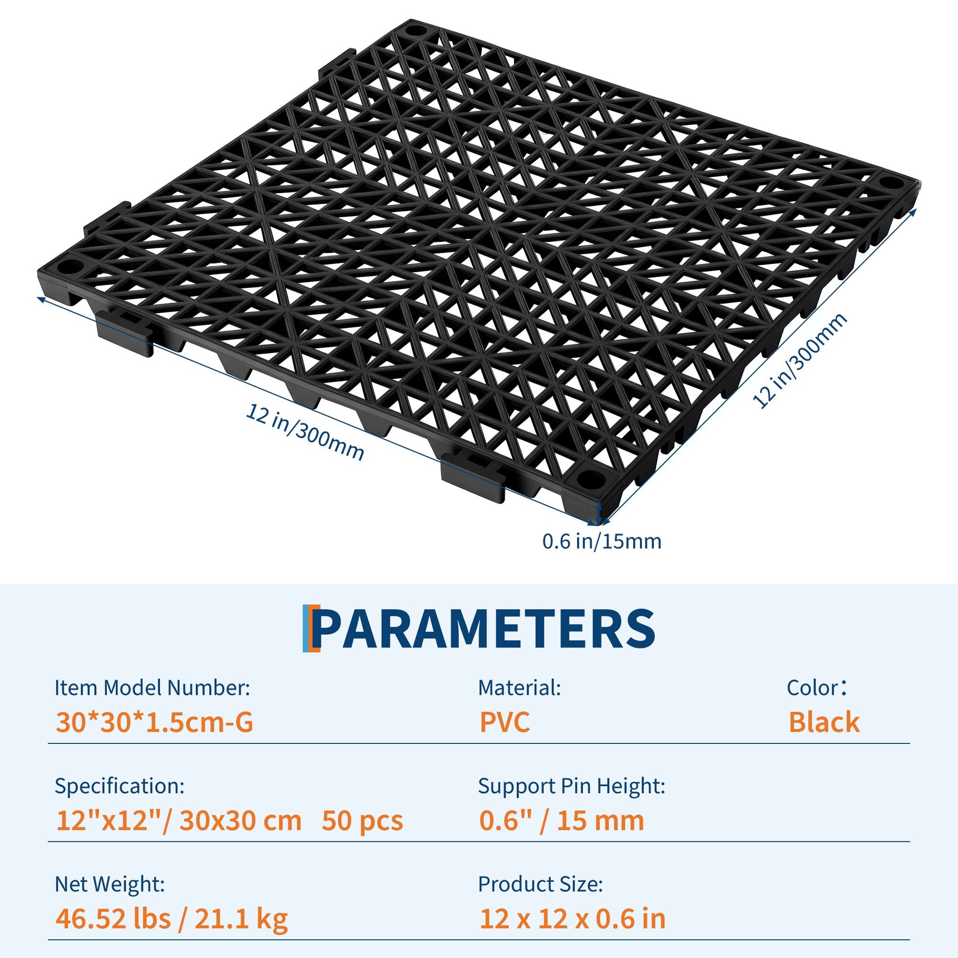 Garvee Coussin modulaire emboîtable, 50 pièces, tapis de drainage en PVC noir 30 x 30 cm pour garage, jardin, piscine, extérieur, antidérapant et durable