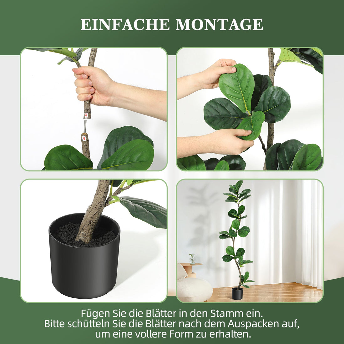 Garvee Ficus Lyrata Artificiel 152 cm, Plante Réaliste et Flexible en PP pour Intérieur et Extérieur, Maison et Bureau, Vert