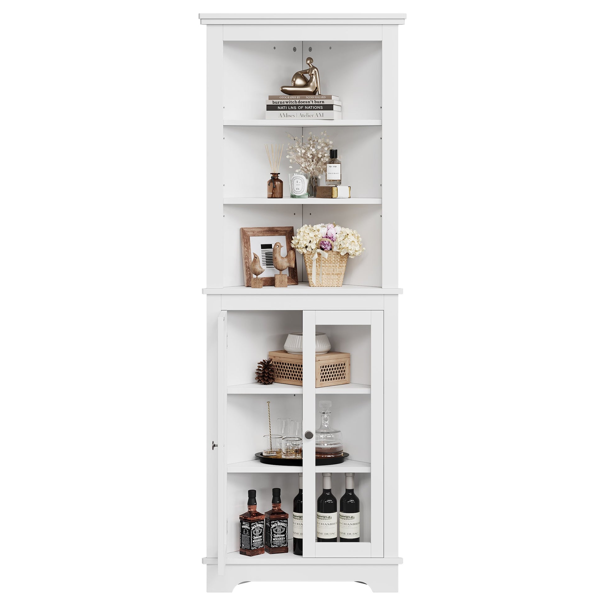 Meuble d'angle Garvee de 162,5 cm de haut avec 2 portes vitrées et étagères réglables pour salon et cuisine, blanc, gain de place