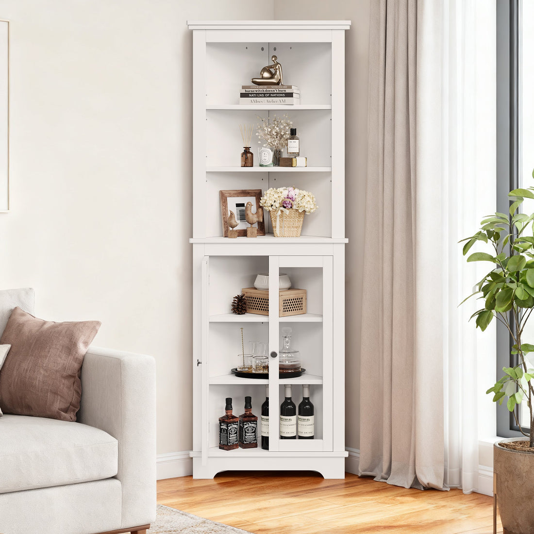Meuble d'angle Garvee de 162,5 cm de haut avec 2 portes vitrées et étagères réglables pour salon et cuisine, blanc, gain de place
