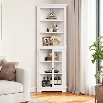 Meuble d'angle Garvee de 162,5 cm de haut avec 2 portes vitrées et étagères réglables pour salon et cuisine, blanc, gain de place