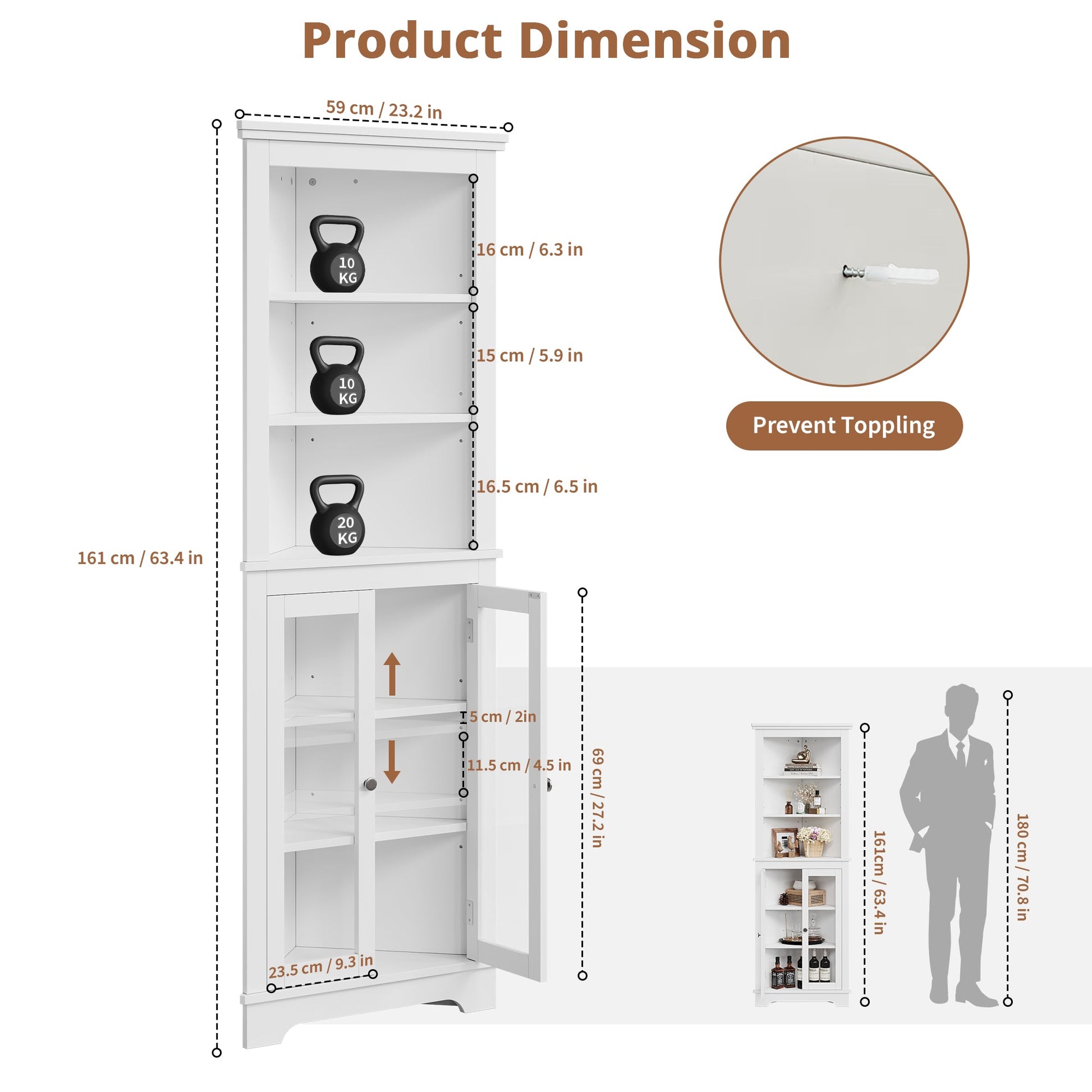 Meuble d'angle Garvee de 162,5 cm de haut avec 2 portes vitrées et étagères réglables pour salon et cuisine, blanc, gain de place