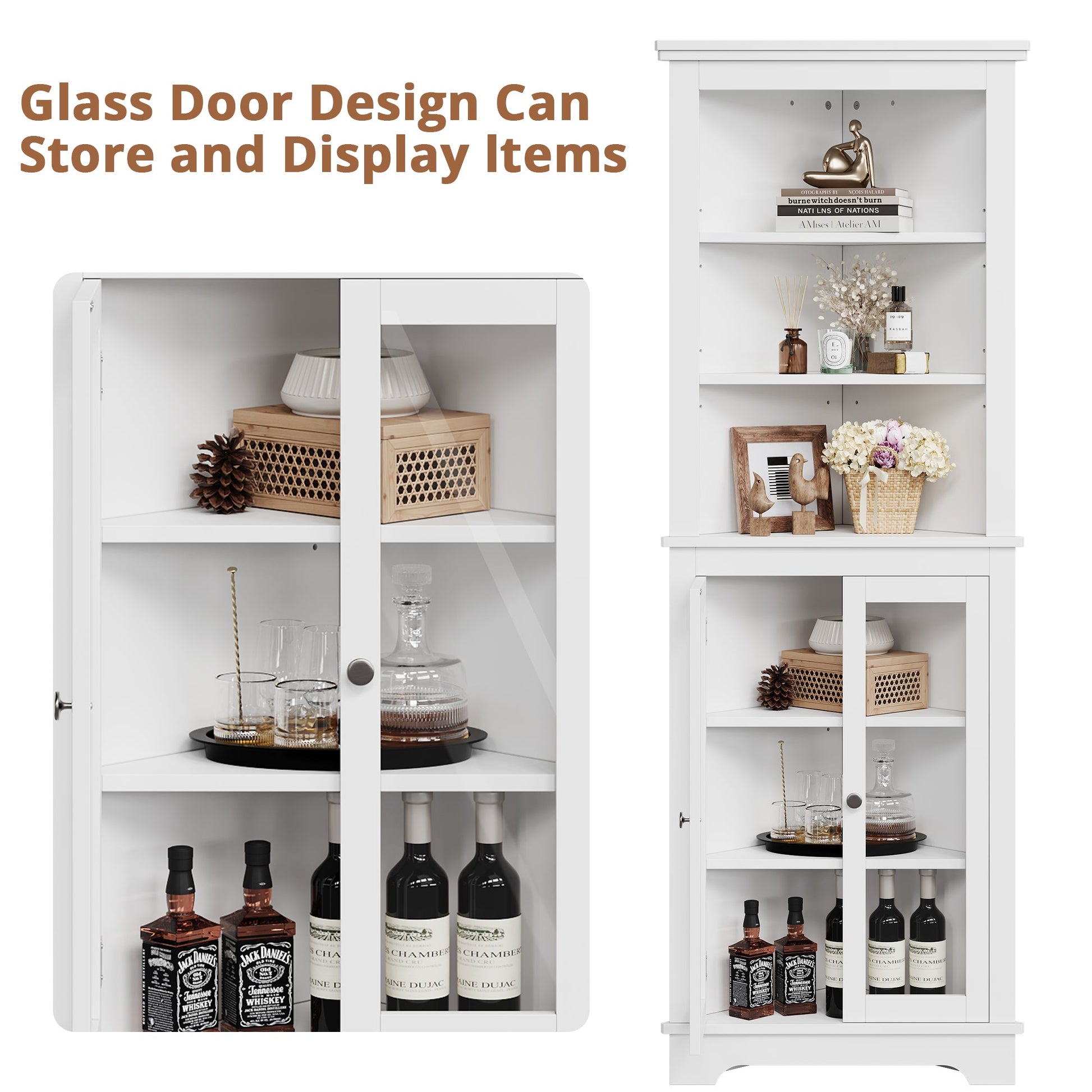 Meuble d'angle Garvee de 162,5 cm de haut avec 2 portes vitrées et étagères réglables pour salon et cuisine, blanc, gain de place