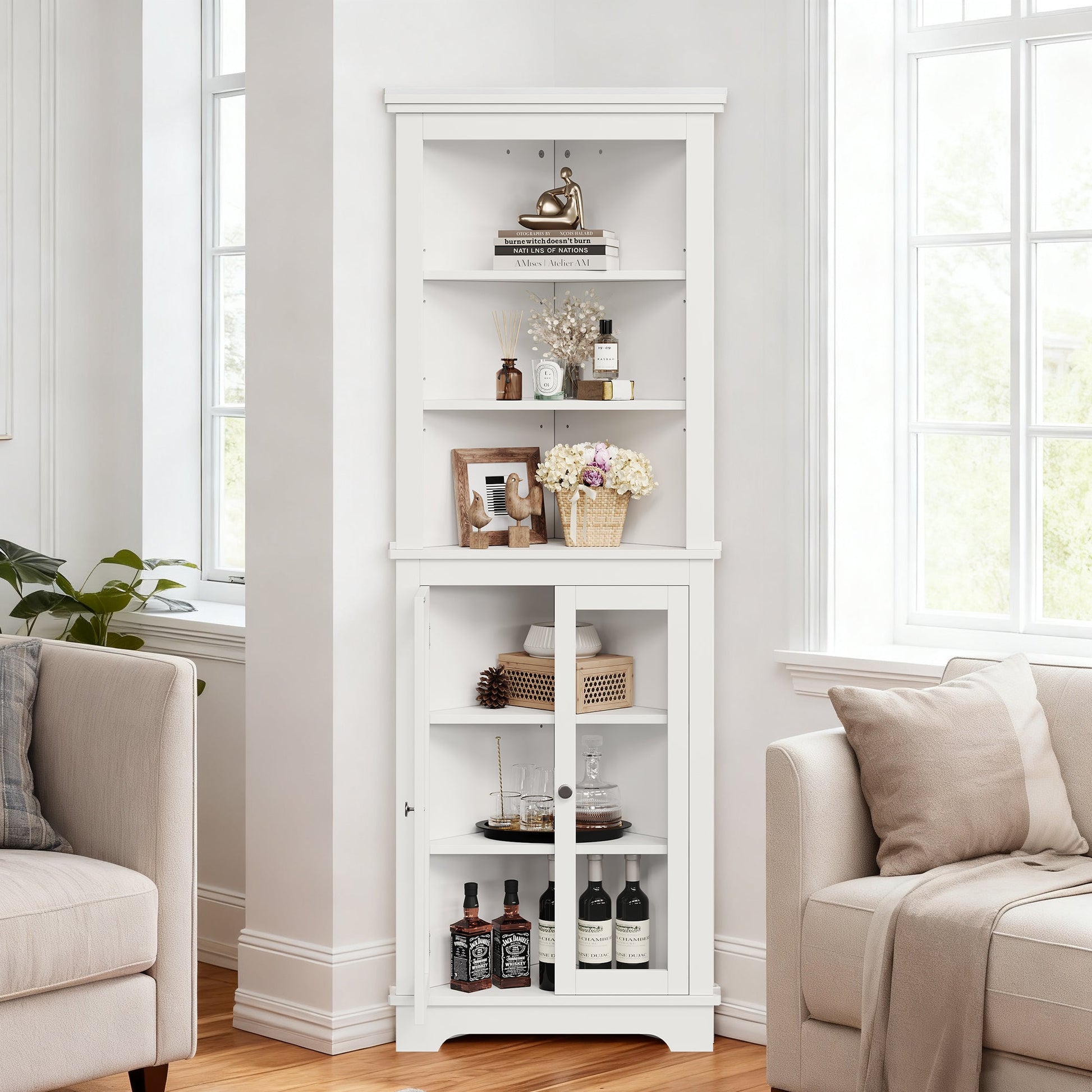 Meuble d'angle Garvee de 162,5 cm de haut avec 2 portes vitrées et étagères réglables pour salon et cuisine, blanc, gain de place