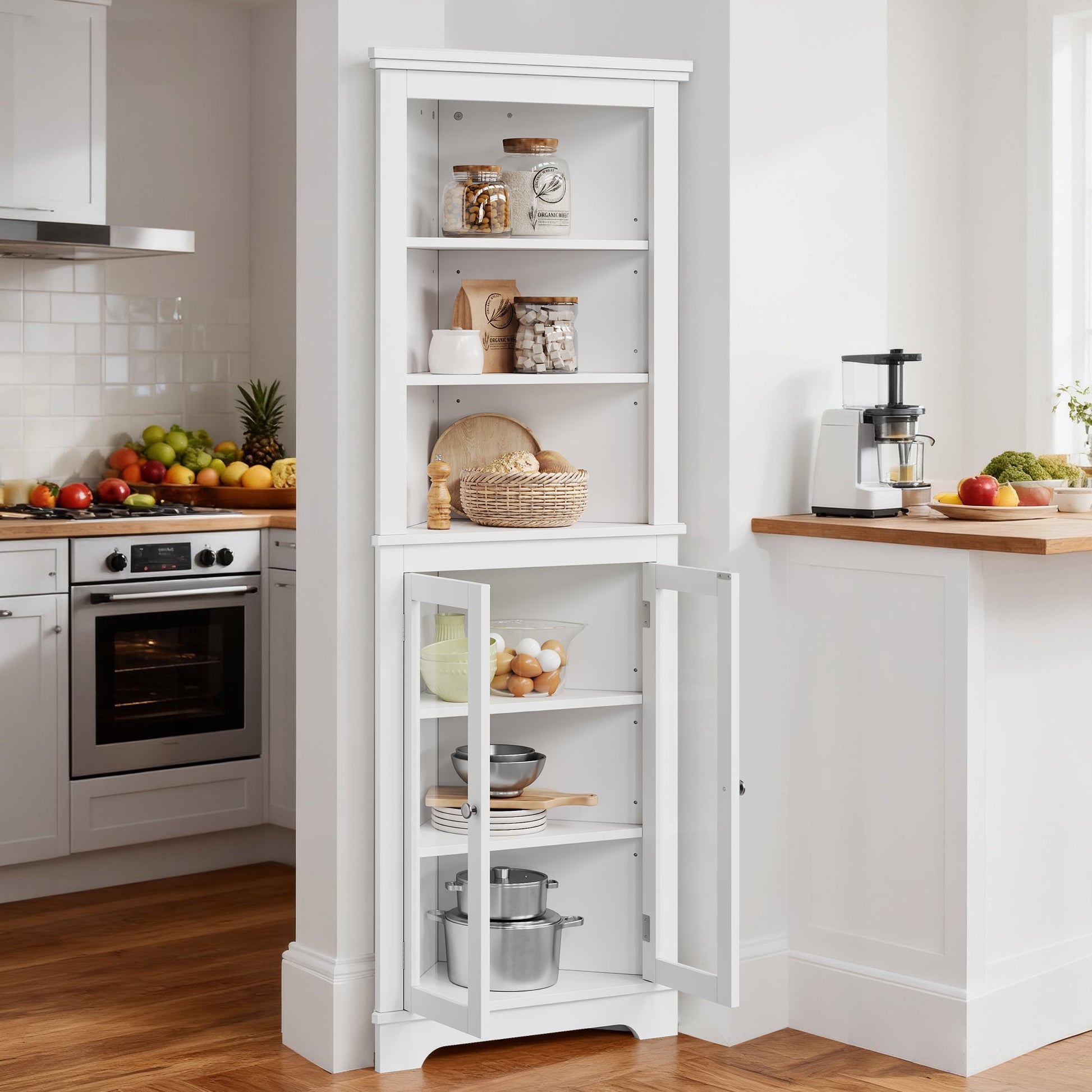 Meuble d'angle Garvee de 162,5 cm de haut avec 2 portes vitrées et étagères réglables pour salon et cuisine, blanc, gain de place